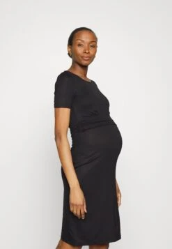 Short Sleeves Ruched Waist Mini Flared Dress - Jerseyjurk - Black